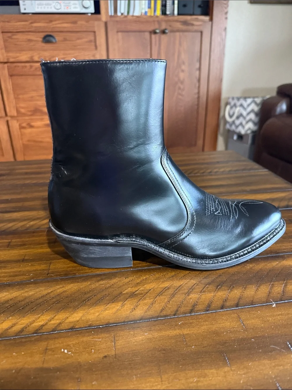 Leather Classics Men's Black Leather Zip-Up Western Stitch Ankle Boots, Size 11D